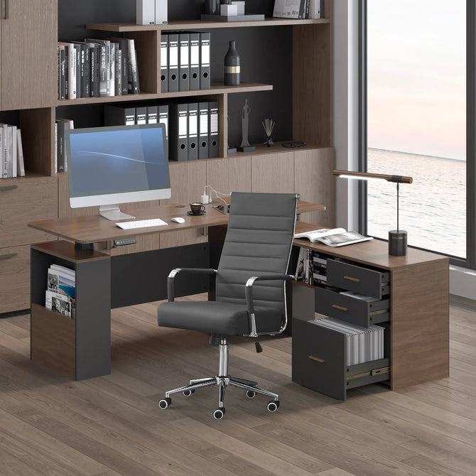 EROMMY 63" L Shaped Electric Standing Desk with Storage, Executive Adjustable Height with Power Outlets and Privacy Panel, Walnut Black