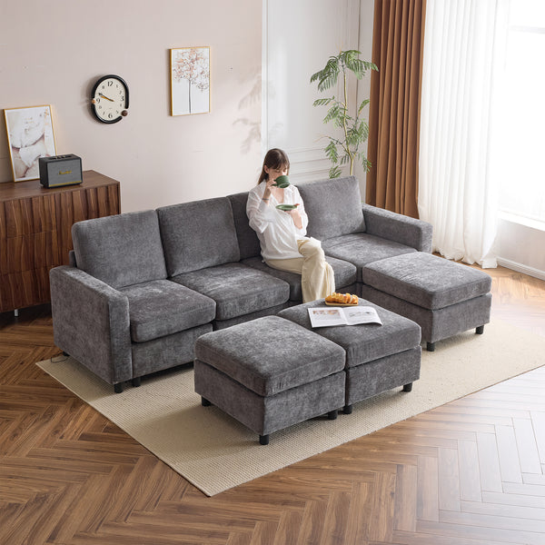 Erommy 6 Piece Modular Sectional Couch, Modular Couches and Sofas Sectional with Storage for Living Room, 4 single seats, 2 ottomans, Dark Gray