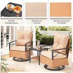 EROMMY 3-Piece Patio Swivel Rocker Set with Rattan Coffee Table, Beige