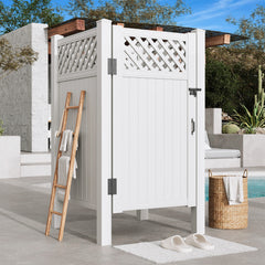 EROMMY 80.75"H x 45.75"W x 45.75"L White PVC Outdoor Shower Enclosure with Door, Weatherproof Privacy Stall for Pool & Beach, Durable Vinyl Construction(Grid-panel)