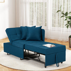 EROMMY 3 IN 1 Futon Sofa Bed Convertible Recliner Lounge for Living Room with Reclining Backrest, Linen, Peacock Blue