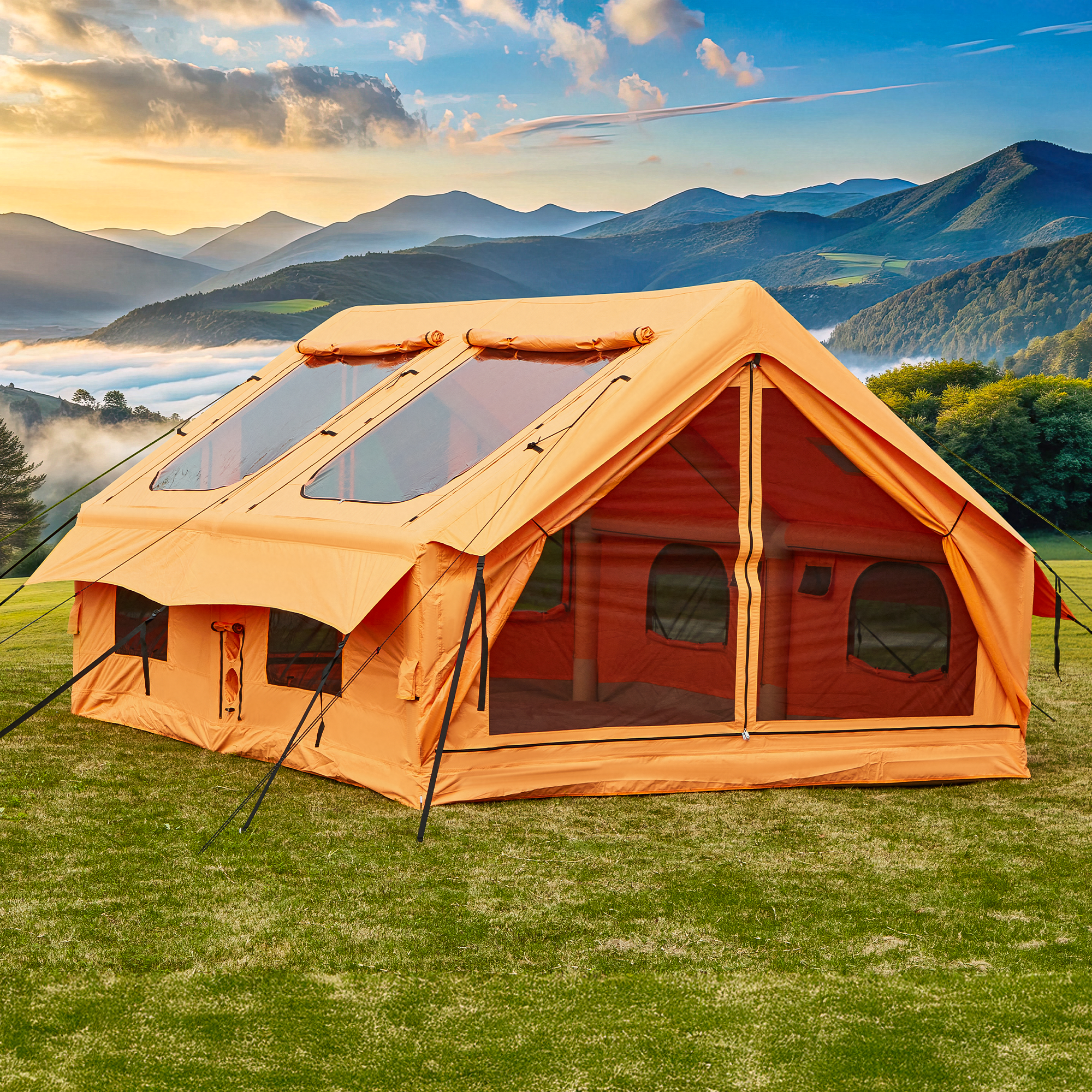 EROMMY 8-10 Person Inflatable Tent with Chimney Opening, Orange - 9.8x13x7.2ft