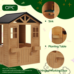 Erommy Wooden Playhouse for Kids, Outdoor Garden Cottage with Door, Windows, Service Station, Flower Pot Holder, for 3-7 Years Old