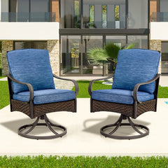 EROMMY Patio Dining Set 2 Piece, Outdoor Dining 2 Wicker Swivel Chairs with Blue Cushions, Patio Furniture Set