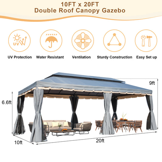 EROMMY 10x20 Outdoor Canopy Gazebo, Double Roof Patio Gazebo Steel Frame with Netting and Shade Curtains for Garden,Patio,Party Canopy, Grey