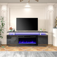 EROMMY 70'' Fireplace TV Stand with 36'' Electric Fireplace, Entertainment Center with 12 Flame Fireplace Insert Heater and 16 Color Led Lights, TV Console for TVs up to 80'' for Living Room, Black