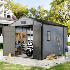 8x10 FT Outdoor Storage Shed, Weather-Resistant Shed with Lockable Double Doors & Built-In Floor, Sloped Roof Outdoor Shed for Backyard, Patio & Lawn, Black