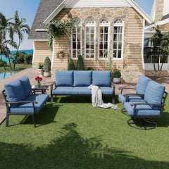 EROMMY Patio Furniture Sets 5 PCS Outdoor Metal Conversation Sets with 2-Seat Sofa, Blue
