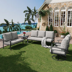EROMMY Patio Furniture Sets 5 PCS Outdoor Metal Conversation Sets with 2-Seat Sofa, Gray