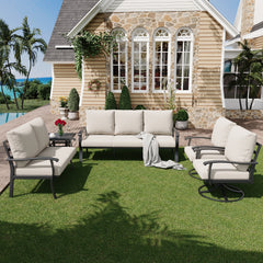 EROMMY Patio Furniture Sets 5 PCS Outdoor Metal Conversation Sets with 2-Seat Sofa, Beige