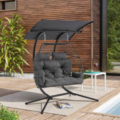 EROMMY Double Hanging Egg Chair with Stand, Wicker Loveseat Swing, Gray
