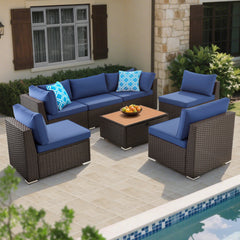 EROMMY 7 Piece Outdoor Patio Furniture with Storage Table, Cushions and Pillows, Blue
