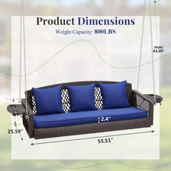 EROMMY 3 Seats Porch Swing Hanging Bench Swing Lounge Front Rattan Swing for Garden, Balcony, Navy Blue