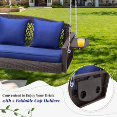 EROMMY 3 Seats Porch Swing Hanging Bench Swing Lounge Front Rattan Swing for Garden, Balcony, Navy Blue