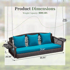 EROMMY 3 Seats Porch Swing Hanging Bench Swing Lounge Front Rattan Swing for Garden, Balcony, Peacock Blue