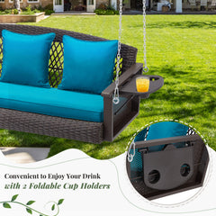 EROMMY 3 Seats Porch Swing Hanging Bench Swing Lounge Front Rattan Swing for Garden, Balcony, Peacock Blue