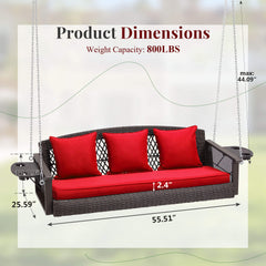 EROMMY 3 Seats Porch Swing Hanging Bench Swing Lounge Front Rattan Swing for Garden, Balcony, Red