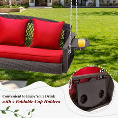 EROMMY 3 Seats Porch Swing Hanging Bench Swing Lounge Front Rattan Swing for Garden, Balcony, Red