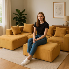EROMMY 5-Seat Modular Sofa, Corduroy Lounge Couch with Free Combination Design and Throw Pillows, Orange