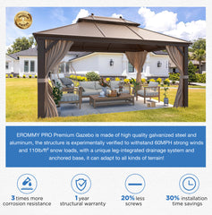 EROMMY 10' x 13' Hardtop Gazebo Hardtop Gazebo, Outdoor Galvanized Steel Canopy, Aluminum Furniture with Netting for Garden, Patio
