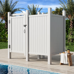 EROMMY 80"H x 80.75"W x 45.75"L White PVC Outdoor Shower Enclosure with Door, Weatherproof Privacy Stall for Pool & Beach, Durable Vinyl Construction(Flat-panel with changing room)