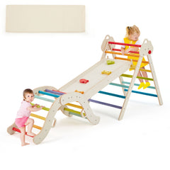 EROMMY Wooden 7-in-1 Climbing Toys for Toddlers, Indoor Playground Montessori Climbing Set with Arch, Ramp, Foldable Triangle Ladder,  Slide & Climbing Wall, Rainbow