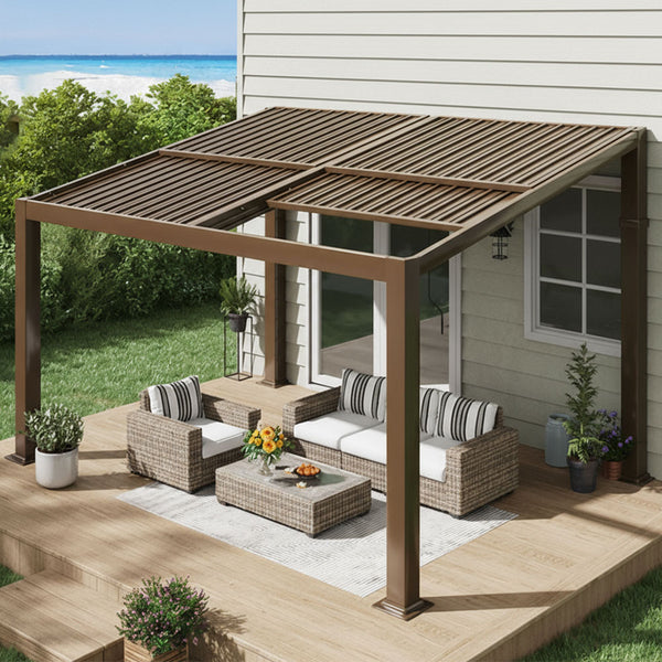 EROMMY Pergola Attached to House with a Galvanized Hardtop Roof - 10x13 FT