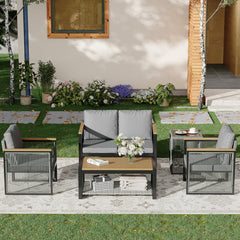 EROMMY 5 Pieces Outdoor Metal Furniture Set with Coffee Table & Side Table, Grey