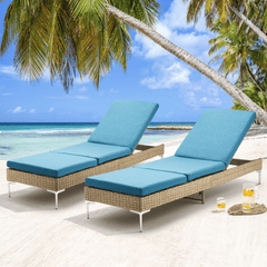 EROMMY 2PCS Patio Rattan Chaise Lounge Chair Outdoor Wicker Recliner Thickened Cushion Stepless Adjustable with Gas Cylinder  (Blue)