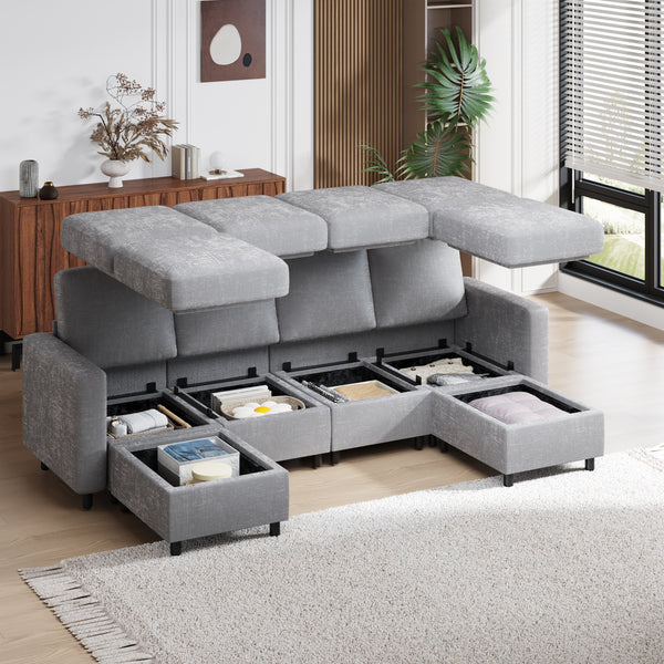 Erommy 6 Piece Modular Sectional Couch, Modular Couches and Sofas Sectional with Storage for Living Room, 4 single seats, 2 ottomans, Light Gray