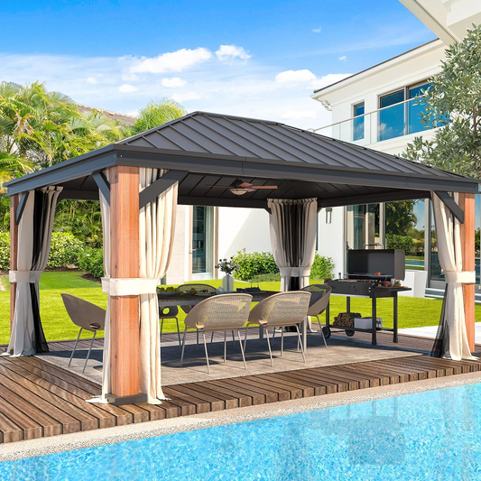 EROMMY 12' x 16' Luxury Ultra-Thick Columns and Beams Hardtop Gazebo with Faux Wood Grain Aluminum Frame, Vertical Stripe Galvanized Steel Single Roof