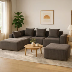 EROMMY 5-Seat Modular Sofa, Corduroy Lounge Couch with Free Combination Design and Throw Pillows, Gray