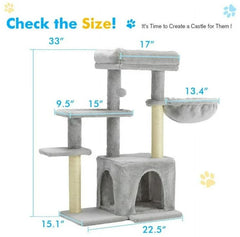 Erommy 33in Castle Condo, Scratching Post, Cat Tree, Crinkle Toy, Grey