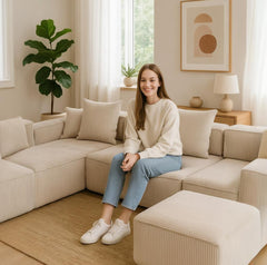 EROMMY 5-Seat Modular Sofa, Corduroy Lounge Couch with Free Combination Design and Throw Pillows, Beige