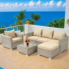 EROMMY 6 Piece Rattan Modular Outdoor Seating Set, Outdoor Furniture Set with 4 Patio Wicker Sofa, Cushions, Glass Table, Backyard Furniture