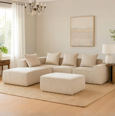EROMMY 5-Seat Modular Sofa, Corduroy Lounge Couch with Free Combination Design and Throw Pillows, Beige