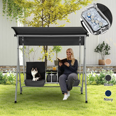 EROMMY 2 Person Porch Swing, Outdoor Swing with Pivot Storage Table, Cooler Bag, 2 Cup Holders, Removable Cushions, Patio Swing with Canopy for Backyard Balcony Poolside (Black)