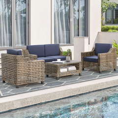 EROMMY 4 Pieces Patio Furniture Set with Cushions and HDPE Table Top, Handwoven PE Wicker Rattan Patio Furniture Set