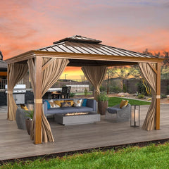 EROMMY 12' x 12' Hardtop Gazebo Faux Wood Grain Metal Ganopy with Aluminum Frame, Galvanized Steel Double Roof