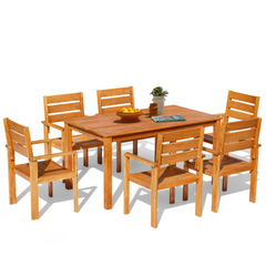 EROMMY 7 Piece Wooden Patio Dining Set-1 Rectangle Dining Table and 6 Wood Dining Chairs