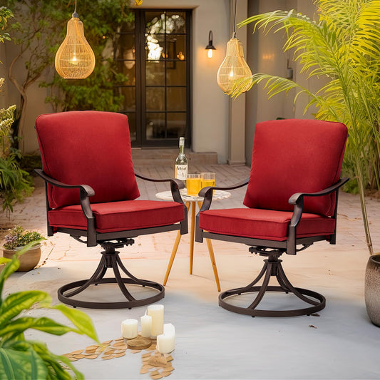 EROMMY Patio Swivel Chair Set of 2, Heavy Duty Outdoor Dining Chairs with Thickened Cushions, Metal Patio Chairs Gentle Rocker for Outside, Red