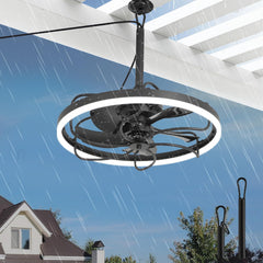 EROMMY 20" Waterproof Outdoor Ceiling Fan with Integrated Light for Patios, Plug-In Caged Hanging Fan with Remote & App Control, 3CCT Dimmable LED, Great for Gazebos, Pergolas, and Porches, Black