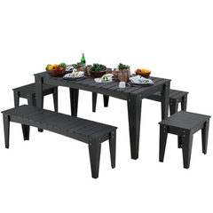 EROMMY HDPE 5 Piece Patio Dining Set, with 1 Rectangle Dining Table, 2 Double Benches, and 2 Single Stools