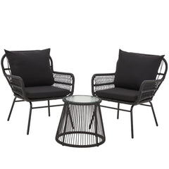 EROMMY 3-Piece Patio Conversation Bistro Set, Outdoor Furniture with Tempered Glass Top Table & 2 Wide Ergonomic Armchairs, Black