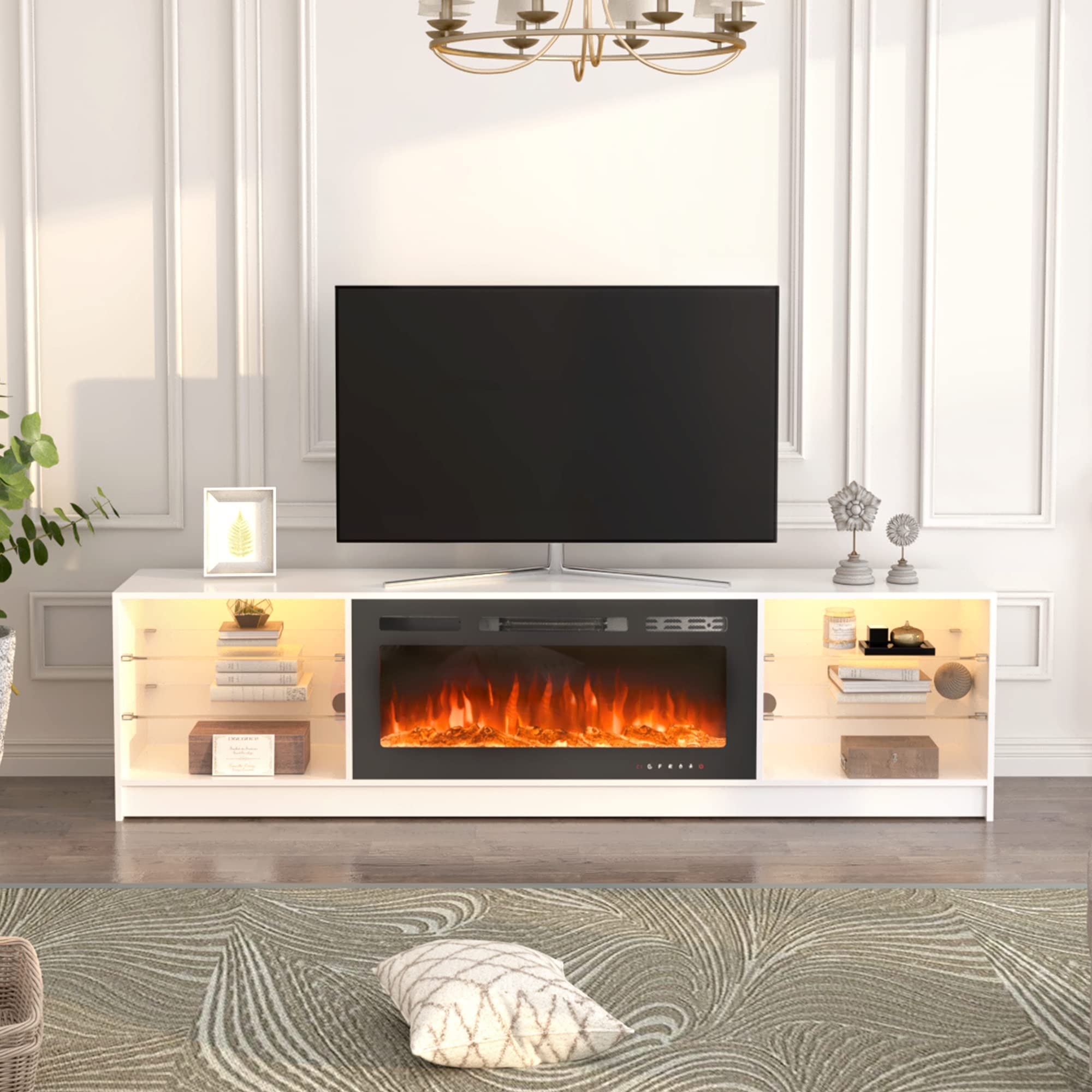 EROMMY 79 Inch Contemporary Electric Fireplace TV Stand with LED Lights – Black