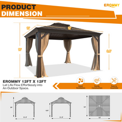 EROMMY 12' x 12' Gazebo Hardtop Double Roof Galvanized Steel Canopy with Netting and Curtains Outdoor Aluminum Frame Permanent Metal Pavilion