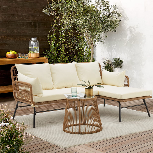 EROMMY 3-Piece Patio L-Shaped Sofa Set with Cushions & Glass Coffee Table, White