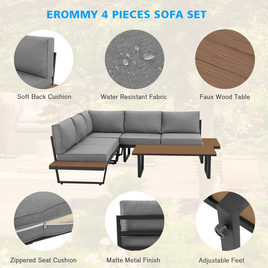 EROMMY 4 Pieces Outdoor Sectional Sofa Set with Coffee Table, 91''×91'' Extra Large L-Shaped Metal Conversation Set, Grey