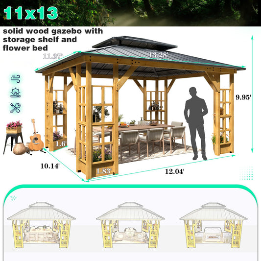 EROMMY 11' x 13' Wood Gazebo, Outdoor Hardtop Gazebo Pavilion with Spruce Solid Wooden Frame, Double Roof Metal Canopy for Patio Backyard Deck Garden