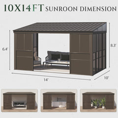 EROMMY 10 x 14FT Wall-Mounted Sunroom with Removable 3-Sided Doors & Aluminum Frame, All-Weather Sun Room with Galvanized Steel Roof, 6mm Thickened PC Screen